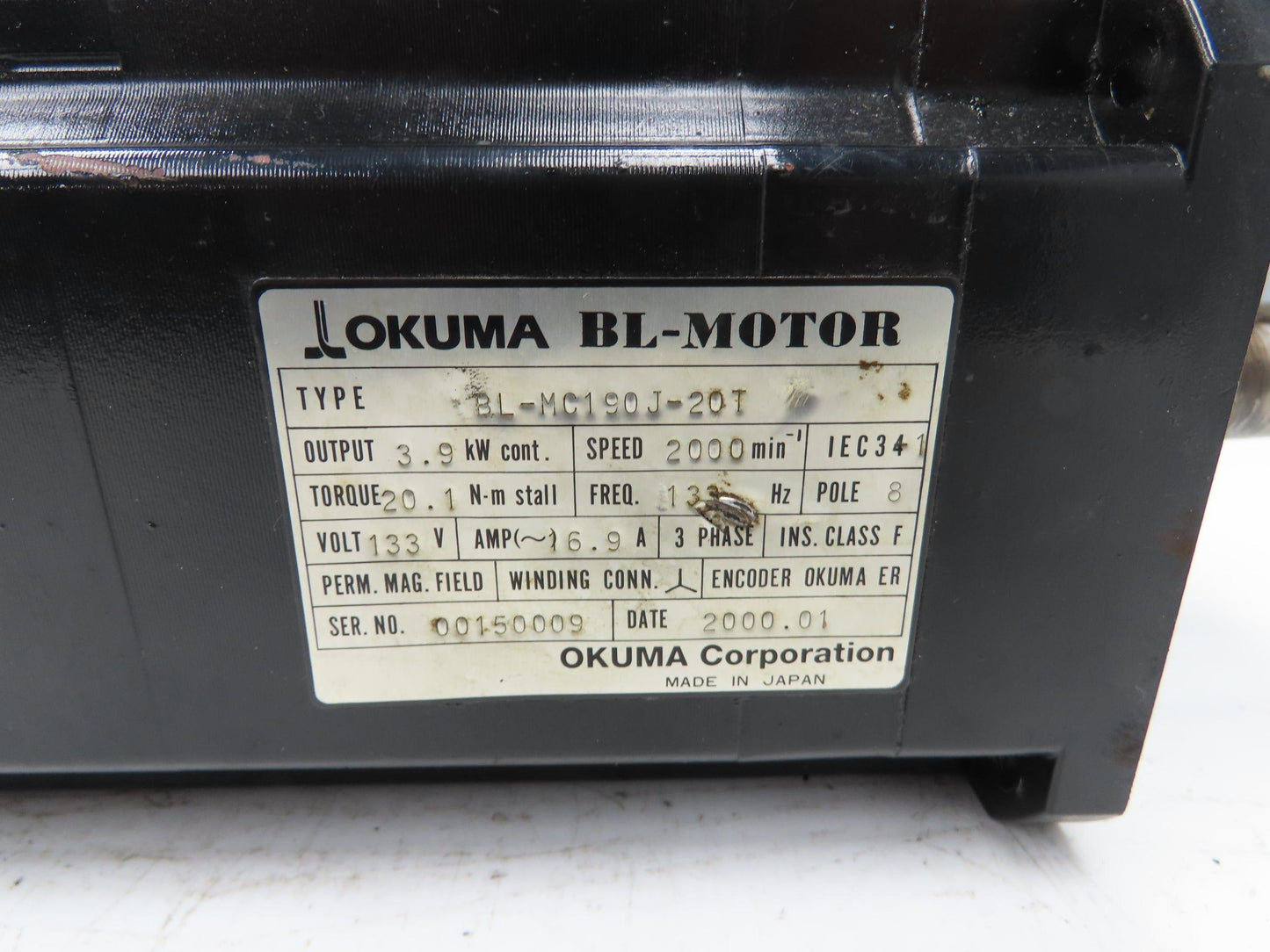 Okuma BL-MC190J-20T AC Servo Motor 3.9kW 2000 RPM 133V 16.9A 3PH Encoder