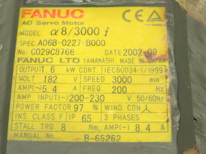 Fanuc A06B-0227-B000 AC Servo Motor 1.6kw 3000RPM With Encoder A860-2000-T301