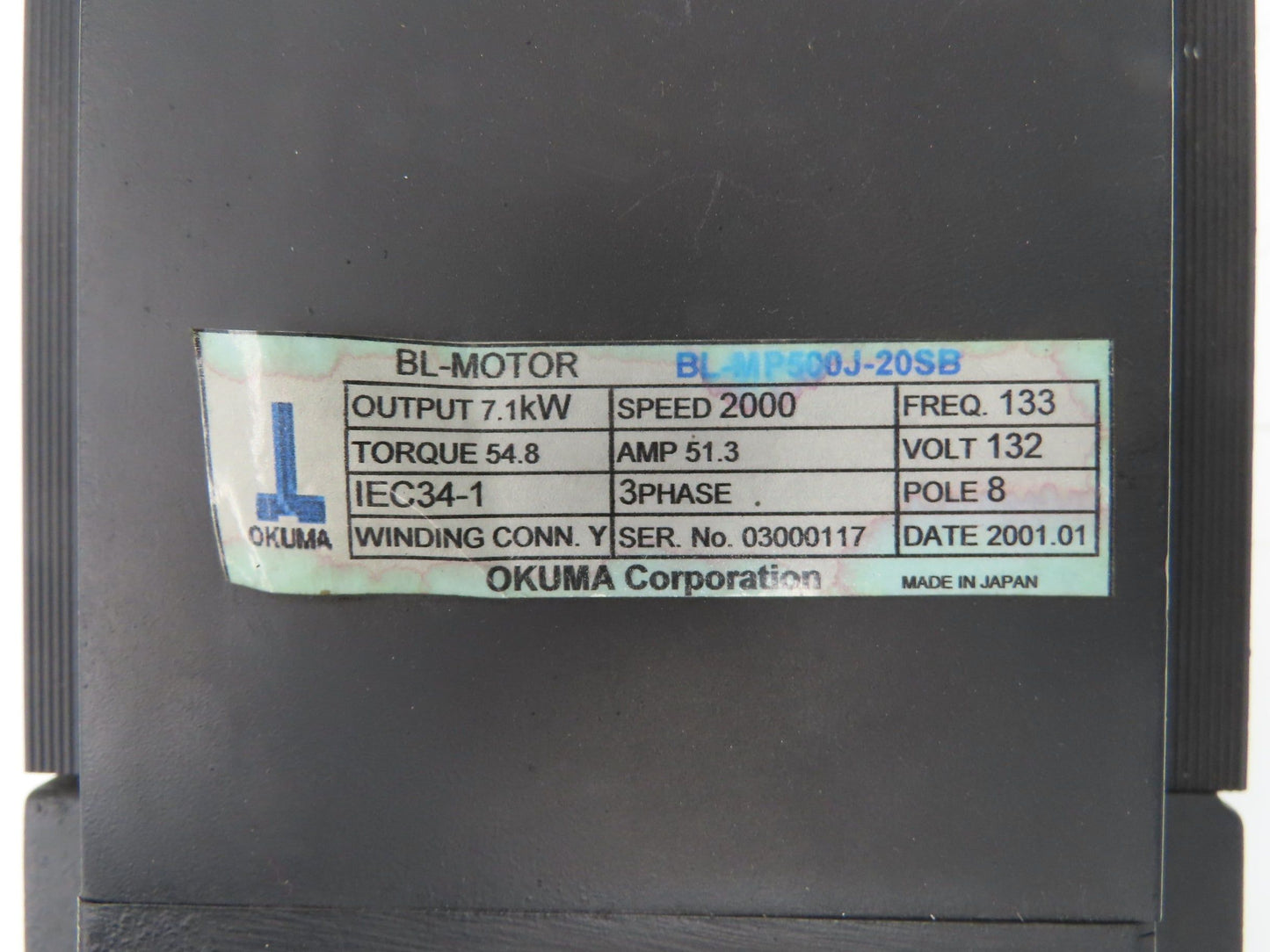 Okuma BL-MP500J-20SB AC Servo Motor 7.1kW 2000 RPM 132V 3PH Encoder ER-J-7200D