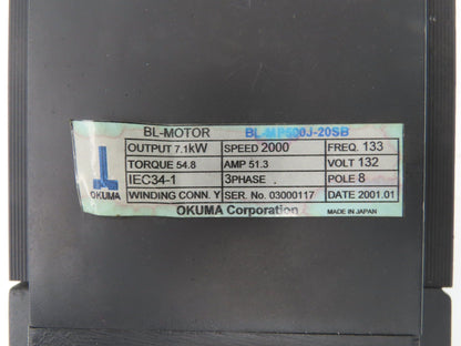 Okuma BL-MP500J-20SB AC Servo Motor 7.1kW 2000 RPM 132V 3PH Encoder ER-J-7200D
