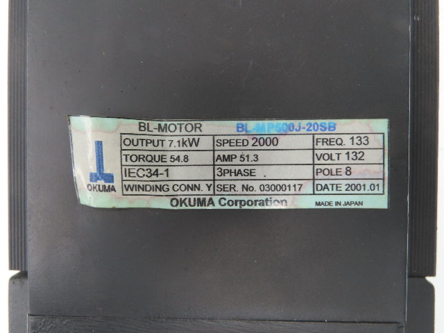 Okuma BL-MP500J-20SB AC Servo Motor 7.1kW 2000 RPM 132V 3PH Encoder ER-J-7200D