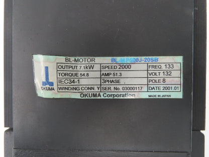 Okuma BL-MP500J-20SB AC Servo Motor 7.1kW 2000 RPM 132V 3PH Encoder ER-J-7200D