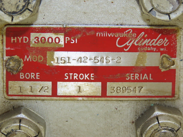 Milwaukee 151-42-54S-2 Hydraulic Cylinder 1-1/2" Bore 1" Stroke 3000psi Lug Mt