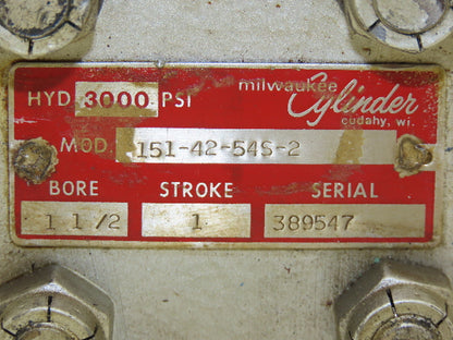 Milwaukee 151-42-54S-2 Hydraulic Cylinder 1-1/2" Bore 1" Stroke 3000psi Lug Mt