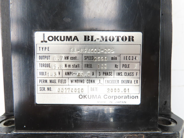 Okuma BL-MP400J-20S AC Servo Motor 6.7kW 2000 RPM 143V 3PH Encoder ER-J-7200D