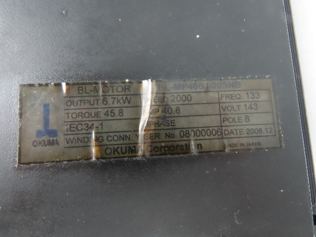 Okuma BL-MP400J-20SNB AC Servo Motor 6.7kW 2000 RPM 143V 40.8A 3PH Encoder