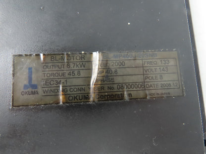 Okuma BL-MP400J-20SNB AC Servo Motor 6.7kW 2000 RPM 143V 40.8A 3PH Encoder