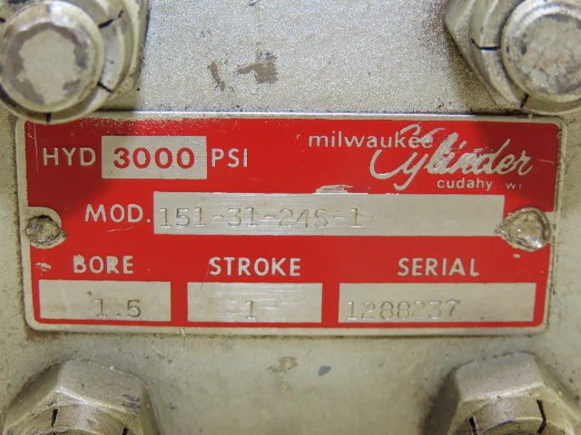 Milwaukee 151-31-24S-1 Hydraulic Cylinder 1.5" Bore 1" Stroke 3000psi Flange Mt