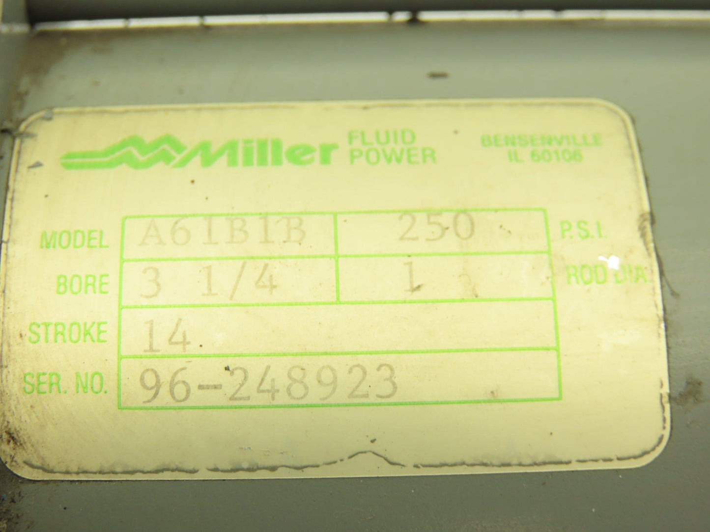 Miller Fluid Power A61B1B Pneumatic Air Cylinder 3.25" Bore 14" Stroke 250psi