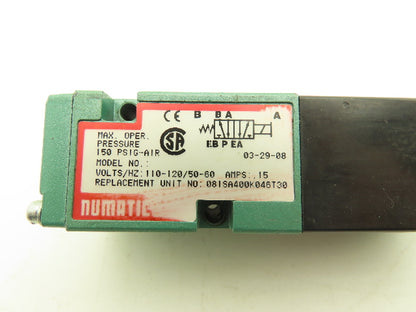 Numatics 081SA400K046T30 Pneumatic Solenoid Valve 4/2-way 120VAC 150PSI