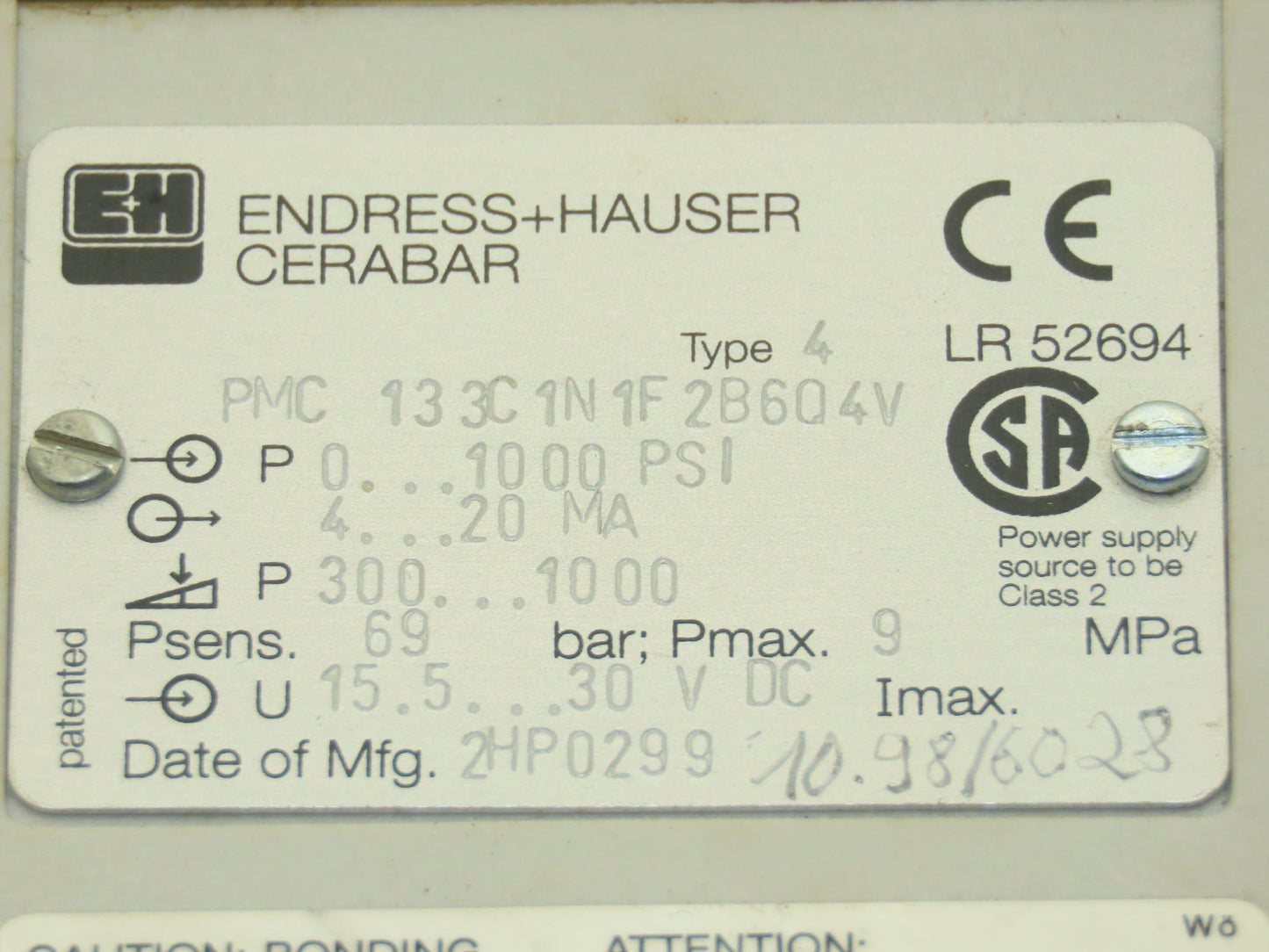 Endress+Hauser Cerabar PMC133 Pressure Transmitter 1000 psig 12/24VDC