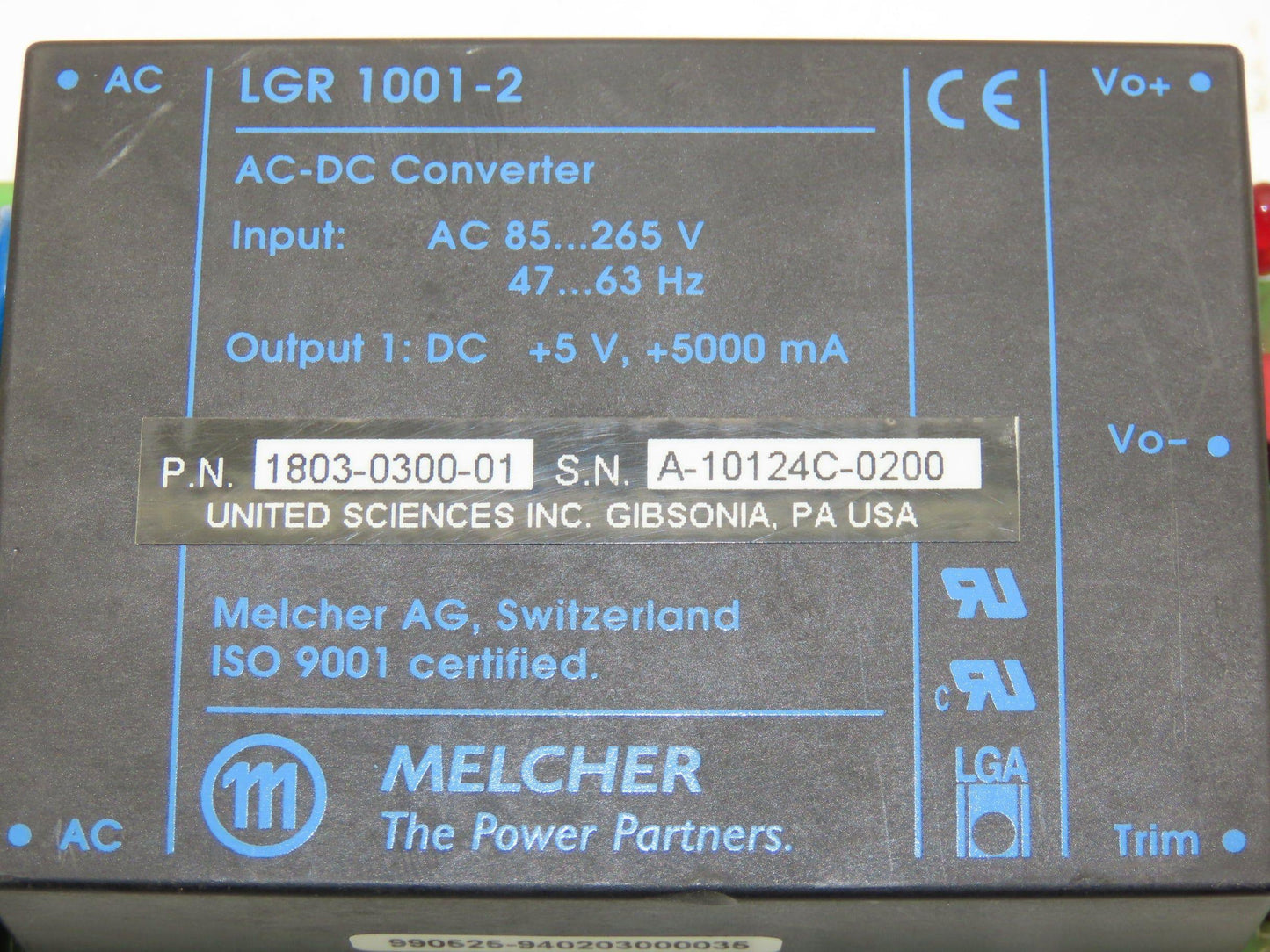 Melcher LGR 1001-2 AC-DC Converter +5VDC 5A Output 120/240VAC 1Ph Input