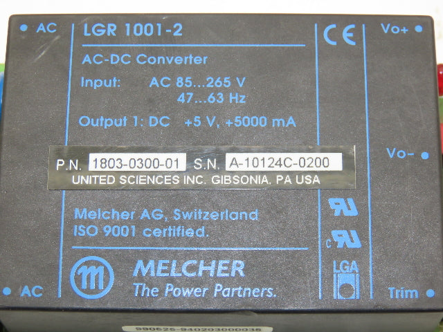 Melcher LGR 1001-2 AC-DC Converter +5VDC 5A Output 120/240VAC 1Ph Input