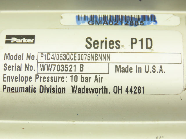 Parker P1D4/063QCE0075NBNNN Pneumatic Air Cylinder 63mm Bore 75mm Stroke 145psi
