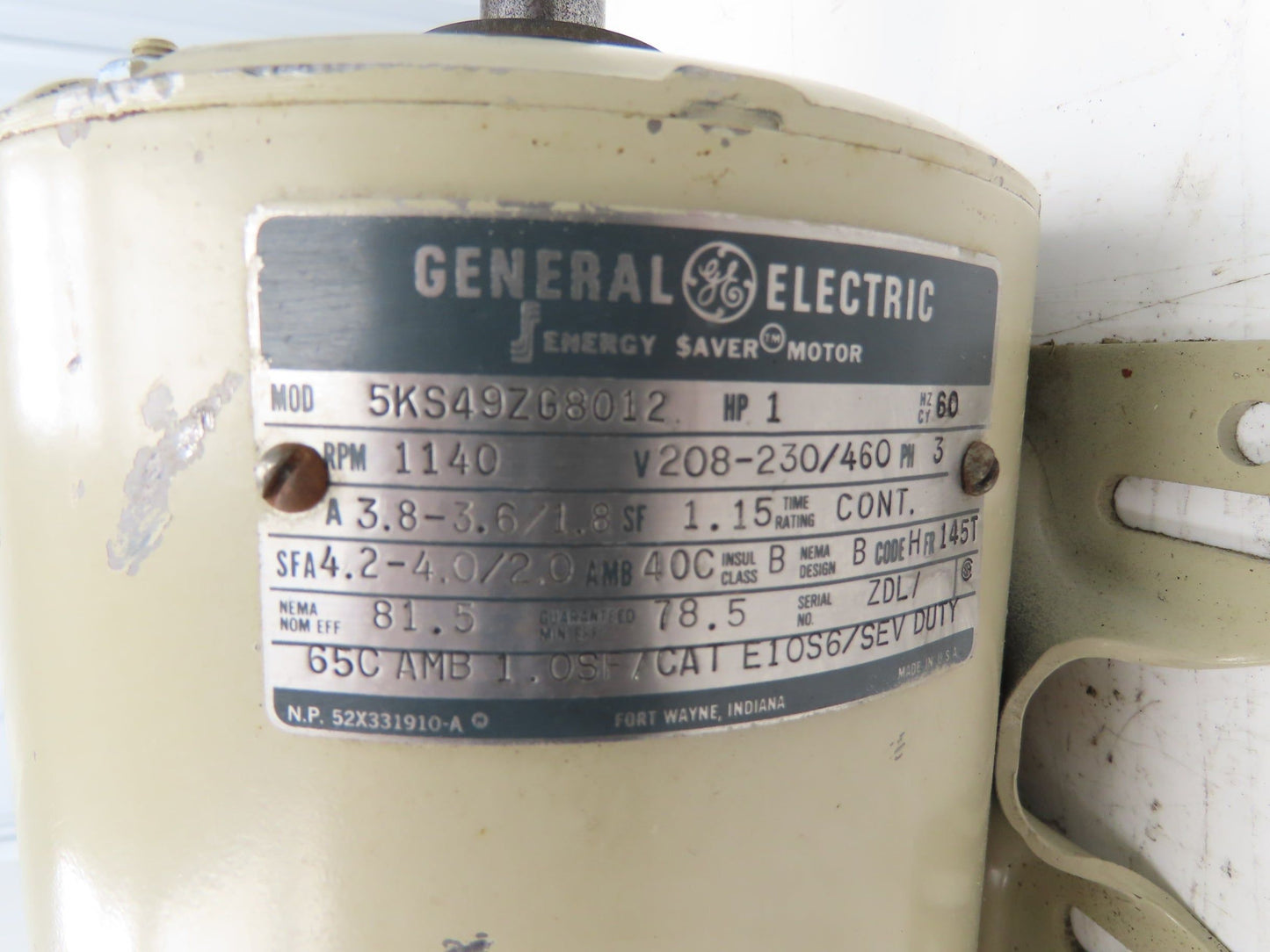 General Electric 5KS49ZG8012 AC Motor 1Hp 1140rpm 230/460V 3Ph 145T TEFC
