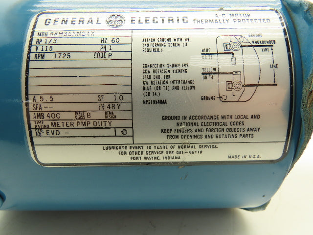 General Electric 5KH36NN24X AC Motor 1/3Hp 1725rpm 115V 1Ph 48Y Worm gear Shaft