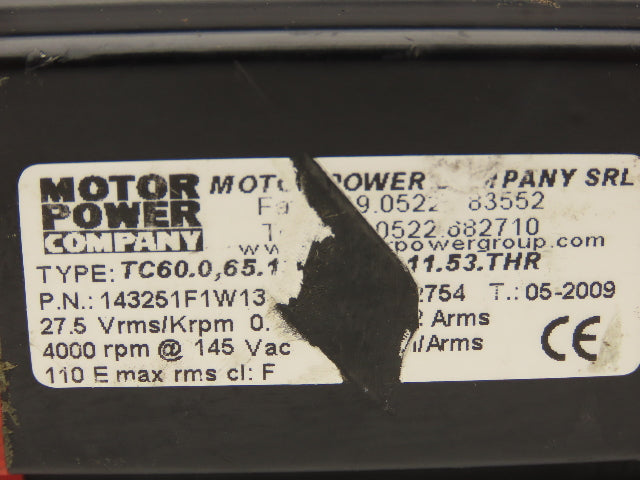 Motor Power Co 143251F1W1303 AC Servo Motor 4000 RPM 145V 1PH 0.65Nm W/Encoder