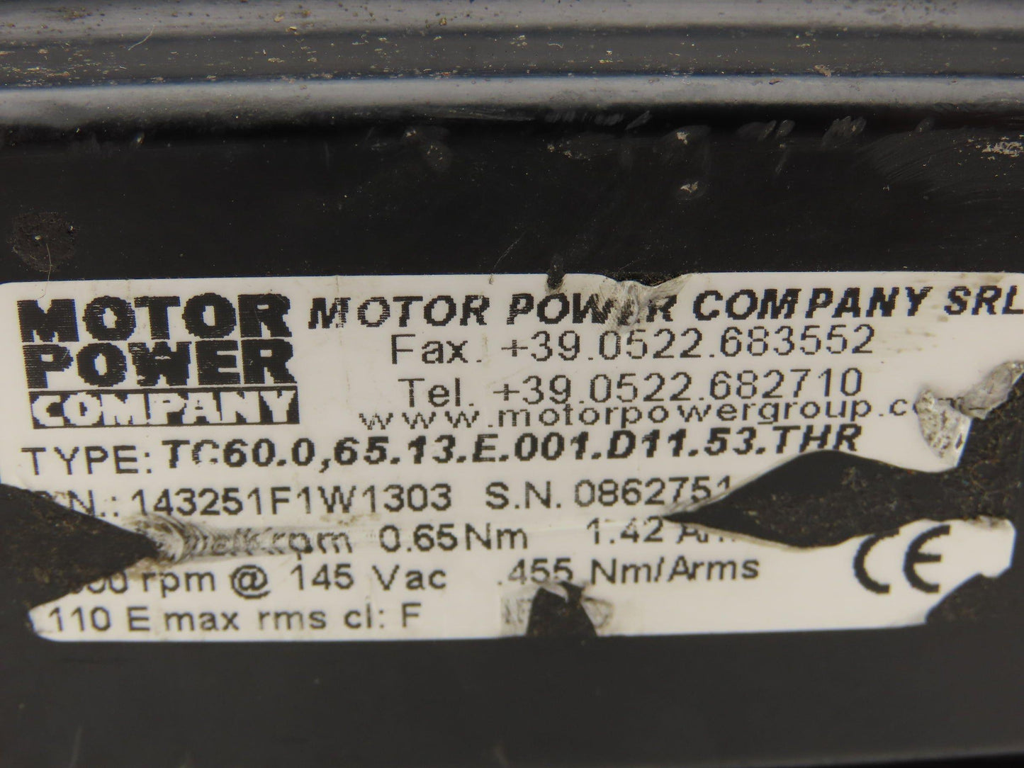 Motor Power Co 143251F1W1303 AC Servo Motor 4000 RPM 145V 1PH 0.65Nm W/Encoder