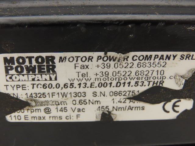 Motor Power Co 143251F1W1303 AC Servo Motor 4000 RPM 145V 1PH 0.65Nm W/Encoder