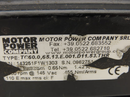 Motor Power Co 143251F1W1303 AC Servo Motor 4000 RPM 145V 1PH 0.65Nm W/Encoder