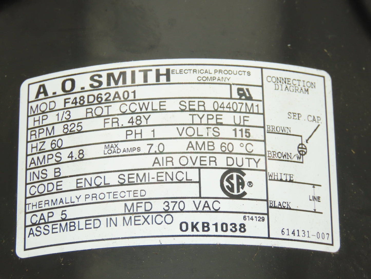AO Smith F48D62A01 Fan Motor 1/3Hp 825rpm CCW 115V 1Ph 48Y Frame 4.8A Capacitor
