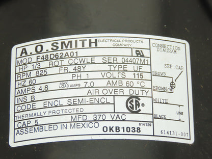 AO Smith F48D62A01 Fan Motor 1/3Hp 825rpm CCW 115V 1Ph 48Y Frame 4.8A Capacitor