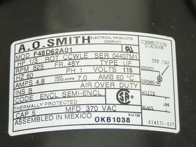 AO Smith F48D62A01 Fan Motor 1/3Hp 825rpm CCW 115V 1Ph 48Y Frame 4.8A Capacitor