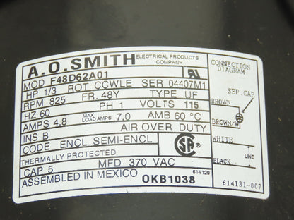 AO Smith F48D62A01 Fan Motor 1/3Hp 825rpm CCW 115V 1Ph 48Y Frame 4.8A Capacitor