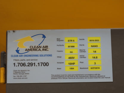 Clean Air America STR 6 Streamer Welding Dust Collector 10Hp 480V Pulser Filter