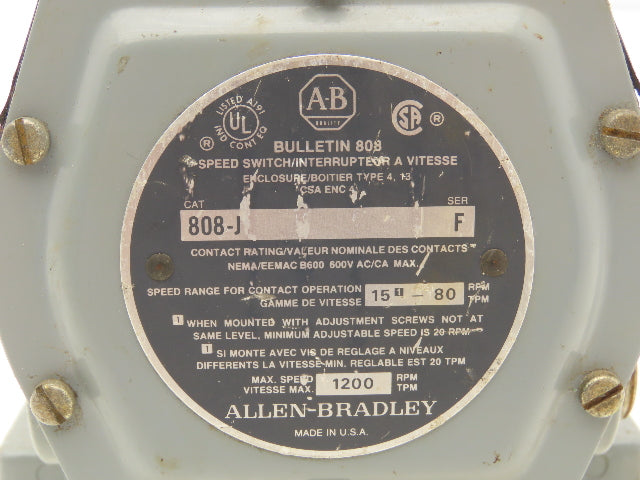 Allen Bradley 808-J Bulletin Speed Switch 600VAC 15-80rpm 5/8" Shaft Ser F