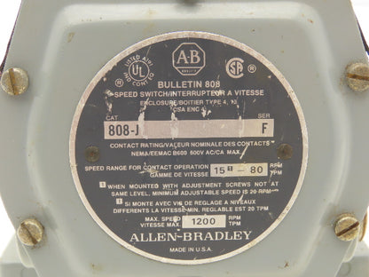 Allen Bradley 808-J Bulletin Speed Switch 600VAC 15-80rpm 5/8" Shaft Ser F