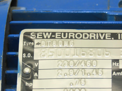 Sew Eurodrive DT80N6 AC Motor .75Hp 1100 RPM 230/460V 3PH TEFC Foot Mount
