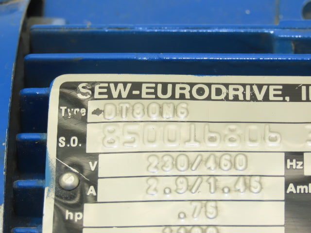 Sew Eurodrive DT80N6 AC Motor .75Hp 1100 RPM 230/460V 3PH TEFC Foot Mount