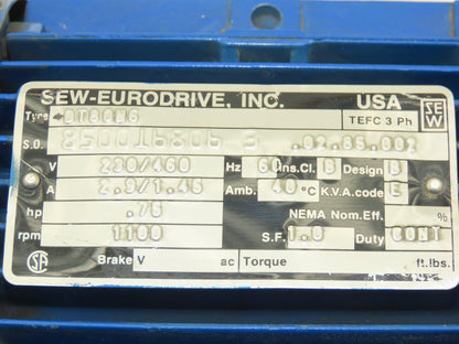 Sew Eurodrive DT80N6 AC Motor .75Hp 1100 RPM 230/460V 3PH TEFC Foot Mount