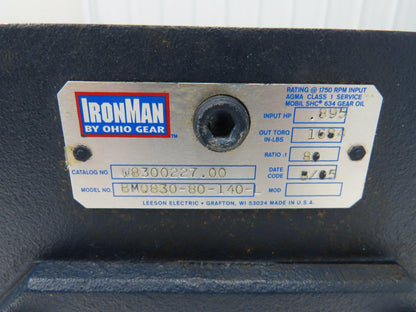 Ohio Gear BMQ830-80-140-L Ironman Worm Gearbox 80:1 Ratio 1Hp 22rpm 143TC LH