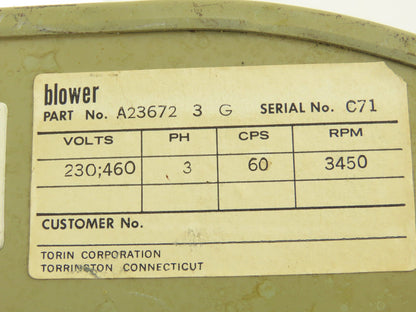 Torin A23672 3 G Squirrel Cage Blower Fan 1/2Hp 3450rpm 230/460V 3PH 7" Wheel