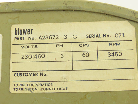 Torin A23672 3 G Squirrel Cage Blower Fan 1/2Hp 3450rpm 230/460V 3PH 7" Wheel