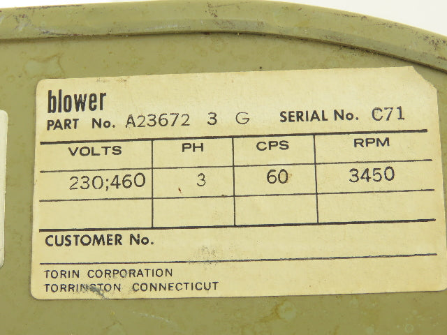 Torin A23672 3 G Squirrel Cage Blower Fan 1/2Hp 3450rpm 230/460V 3PH 7" Wheel