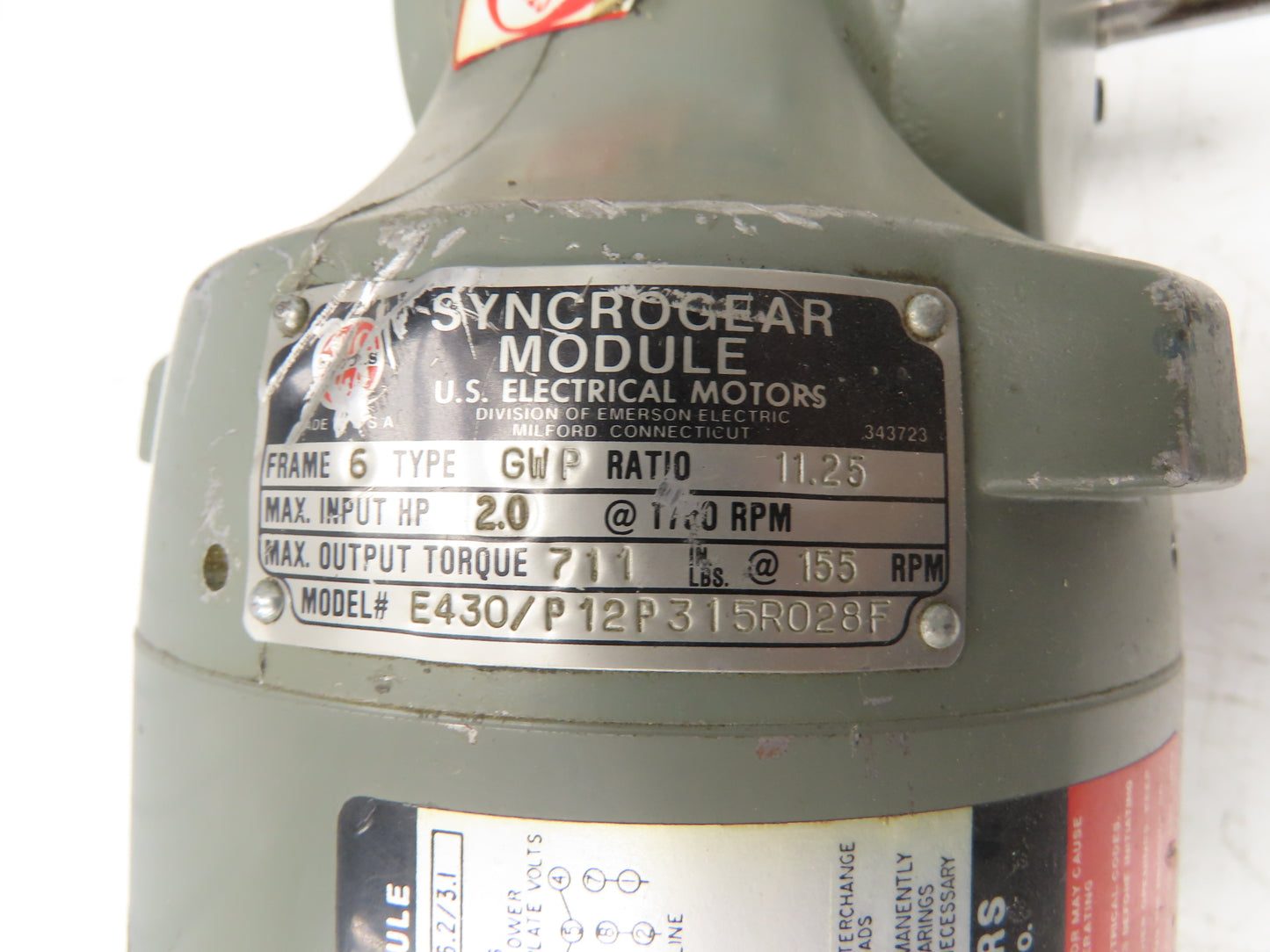 US Motors Unimount 125 Syncrogear E430 Gearmotor 155rpm 2Hp 230/460V 3PH 145T