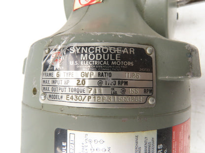 US Motors Unimount 125 Syncrogear E430 Gearmotor 155rpm 2Hp 230/460V 3PH 145T