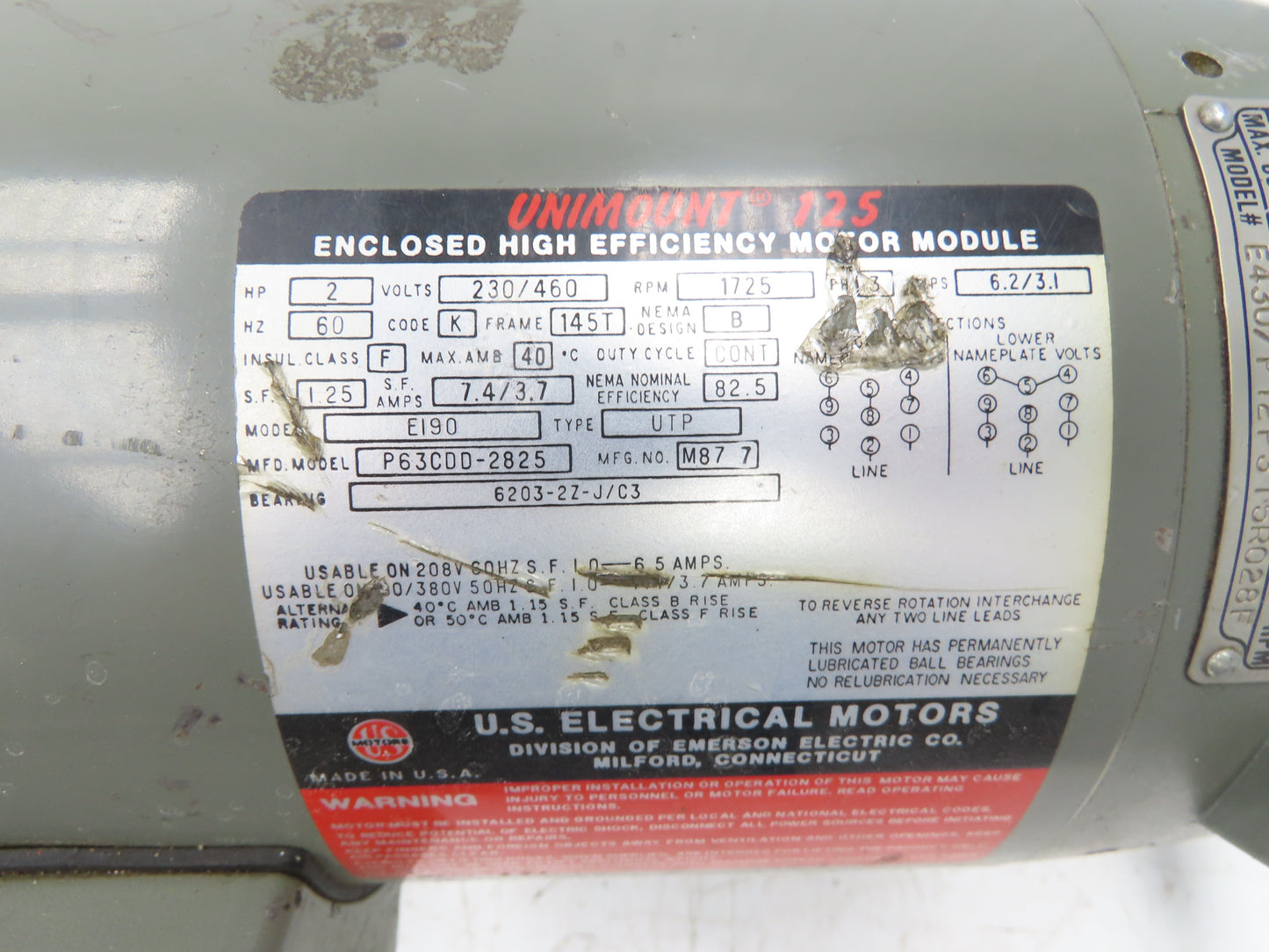 US Motors Unimount 125 Syncrogear E430 Gearmotor 155rpm 2Hp 230/460V 3PH 145T
