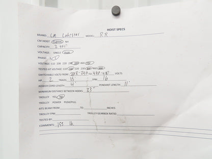 CM Lodestar RR 2 Ton Electric Chain Hoist 15' Lift 16 FPM 230/460 3PH 11'Pendant