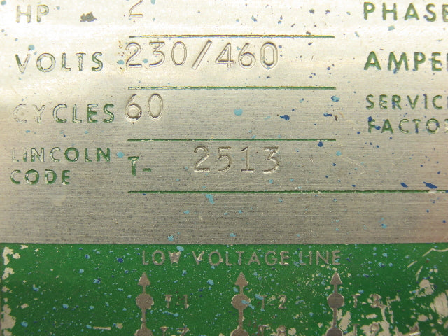 Lincoln T-2513 AC Motor 2Hp 1720rpm 230/460V 3PH 145T TEFC