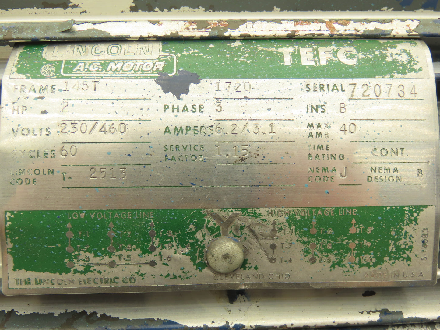 Lincoln T-2513 AC Motor 2Hp 1720rpm 230/460V 3PH 145T TEFC