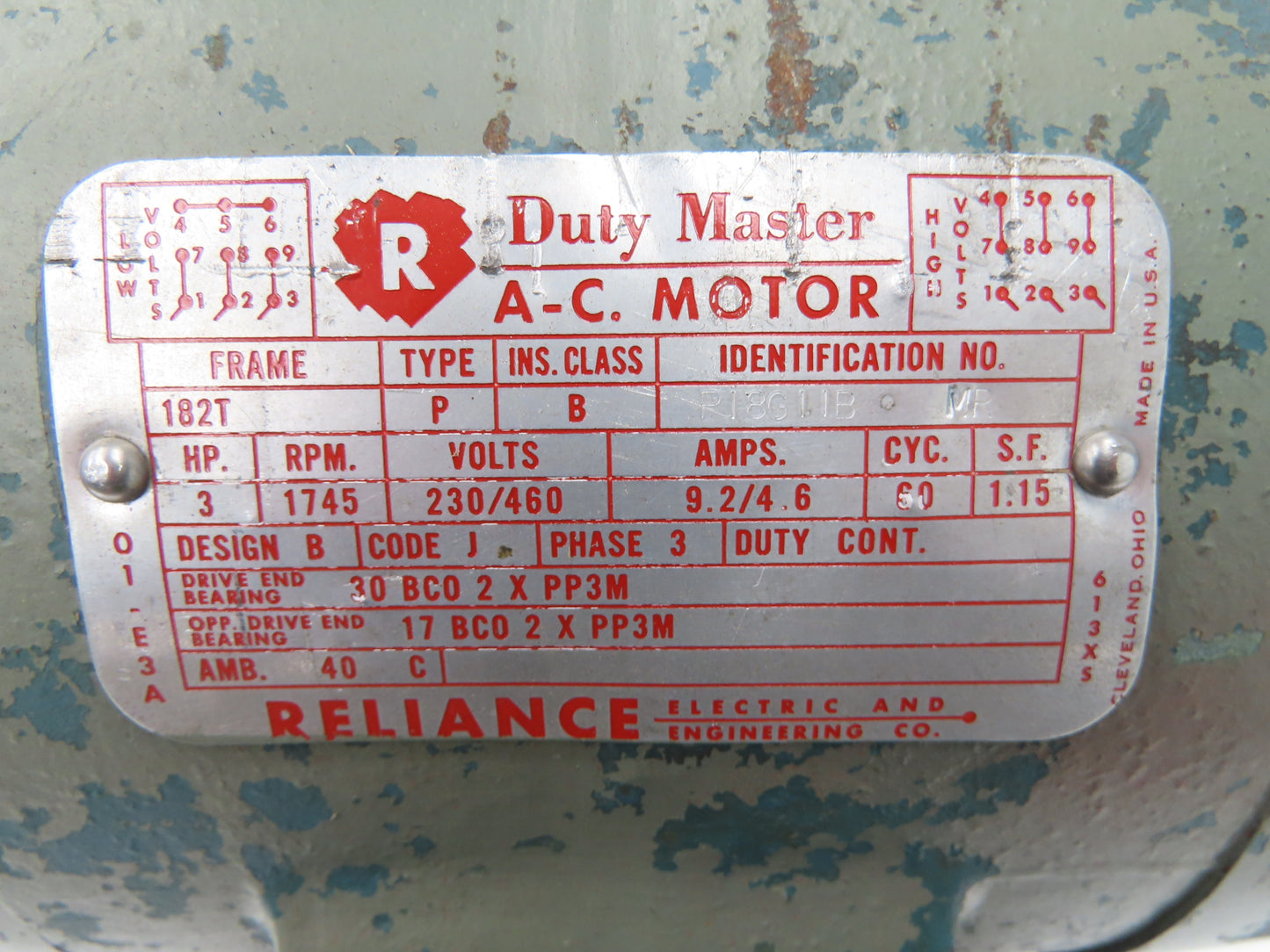 Reliance Electric P18G11B Duty Master AC Motor 3Hp 1745rpm 230/460V 3PH 182T