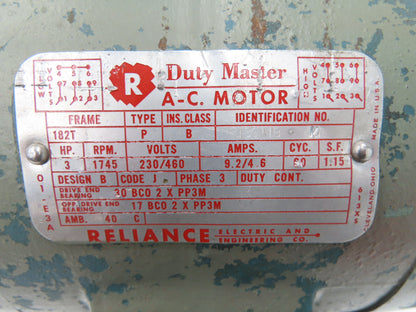 Reliance Electric P18G11B Duty Master AC Motor 3Hp 1745rpm 230/460V 3PH 182T