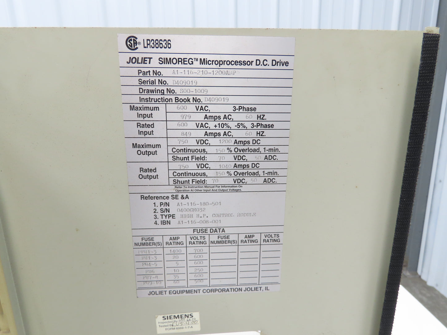 Joliet A1-116-210-1200AMP Simoreg DC Drive 750VDC 1040A Out 600VAC 3Ph 849A In