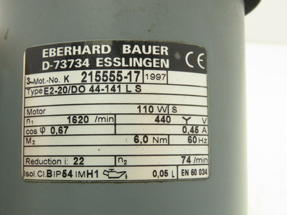 Bauer E2-20/DO 44-141 LS Gear Motor 22:1 Reducer 1620/74rpm 110W 460V 3PH