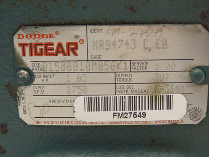 Dodge Tigear Q150B010M056K1 Worm Gearbox 10:1 Reducer 1Hp 175rpm 56C LH Output