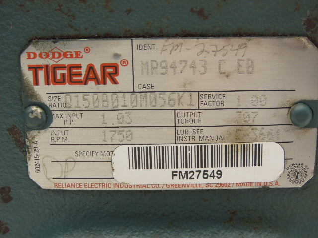 Dodge Tigear Q150B010M056K1 Worm Gearbox 10:1 Reducer 1Hp 175rpm 56C LH Output